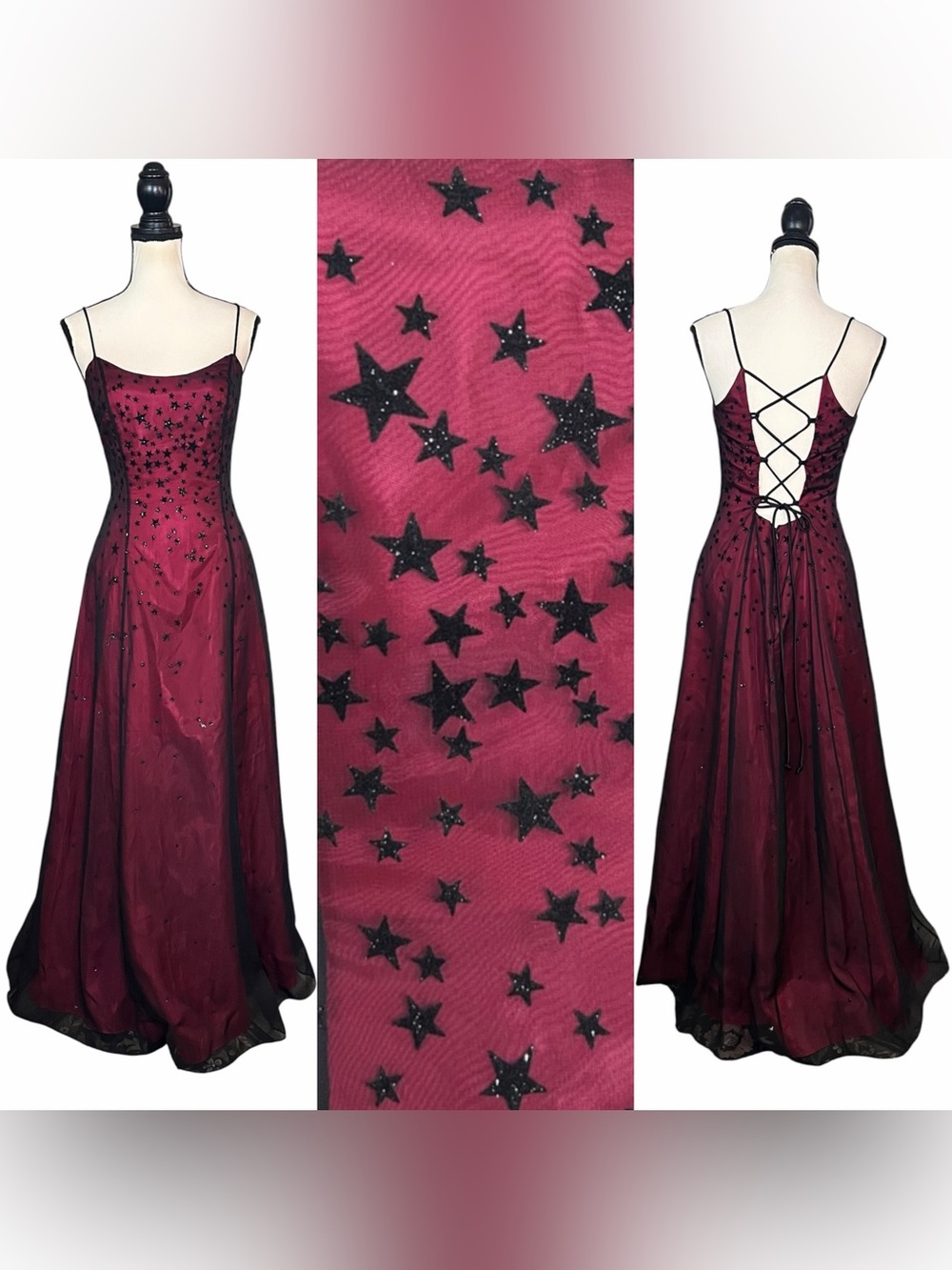 Vintage Morgan & Co Sheer Mesh Sparkly Stars Corset Tie Formal Dress